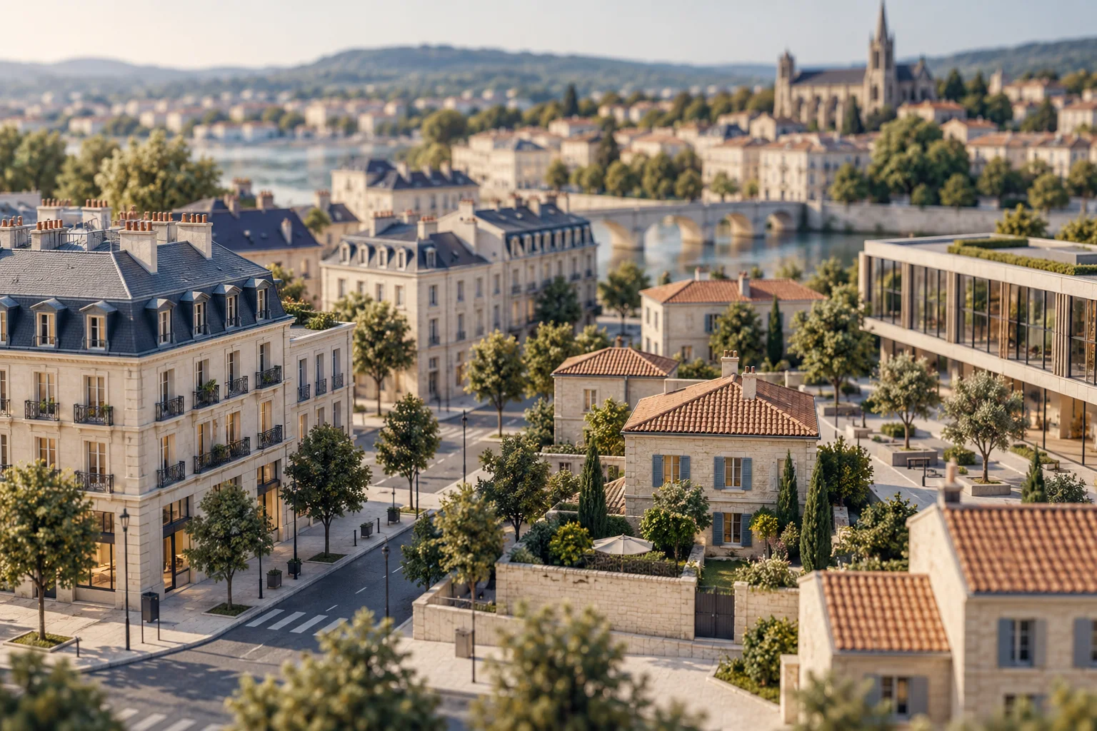 Maisons, appartements et bâtiments d’activité dans un quartier français